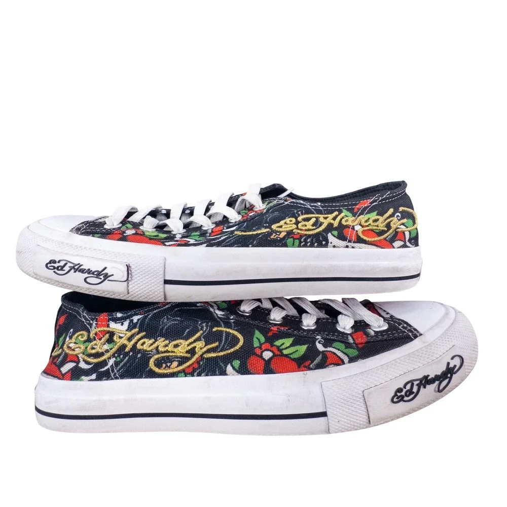 Y2K Ed Hardy Mens Tattoo Flash Graphic Print Canvas Low-Top Sneakers Black Sz 9